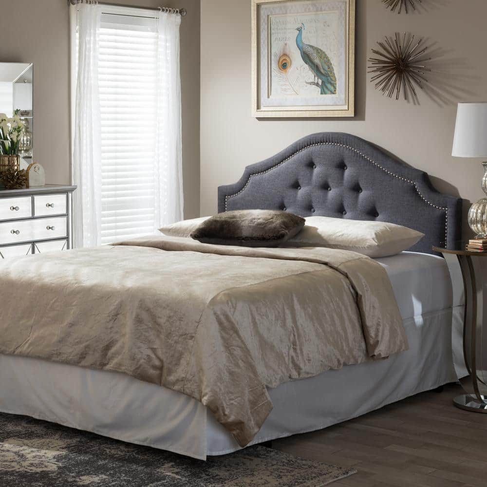 Queen Dark Gray Tufted Upholstered Headboard with Nailhead Trim