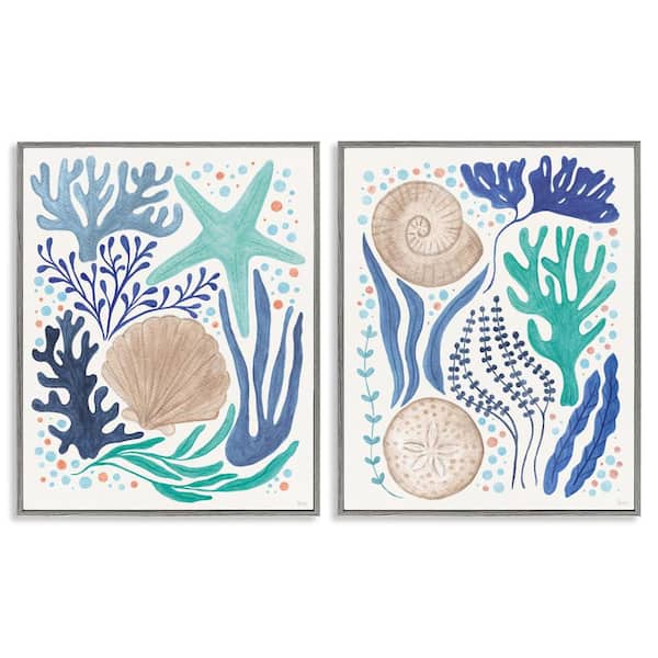 Stupell Industries Coastal Currents Sea Life by Veronique Charron 2 Pieces Gray Framed Coastal Giclee Art Print 14 in. x 11 in.