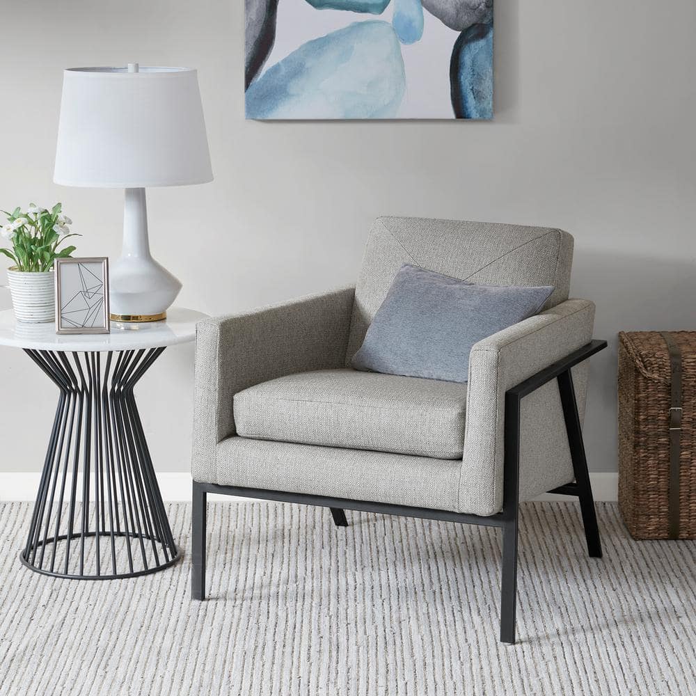 Gray Upholstered Barrel Accent Chair with Metal Frame