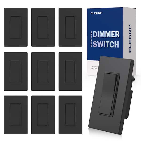 Etokfoks Dimmer Light Switch for 300W LED/CFL and 600W Incandescent/Halogen, 1-Pole/3-Way with Wall Plate in Black, (10-Pack)