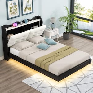 Black Wood Frame Twin Size PU Upholstered Platform Bed with LED Light Strips, Storage Headboard and USB Charging Ports