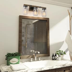 21 in. 3-Light Farmhouse Rustic Black Metal Bathroom Vanity Light with Mason Jar Glass Shade and Faux Wood Accents