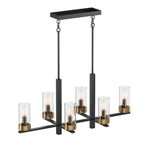 31.88 in. 6-Light Farmhouse Rustic Chandelier Kitchen Island Hanging Light with Clear Glass Cylinder Shade