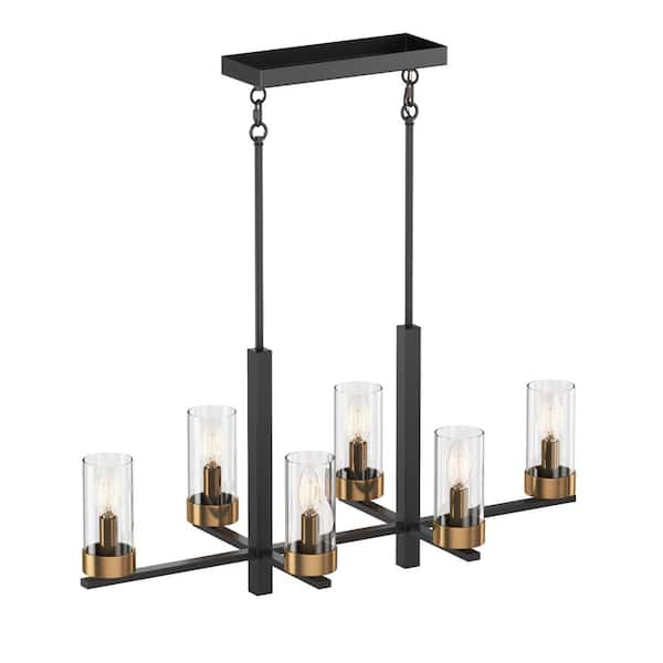 aiwen 31.88 in. 6-Light Farmhouse Rustic Chandelier Kitchen Island Hanging Light with Clear Glass Cylinder Shade