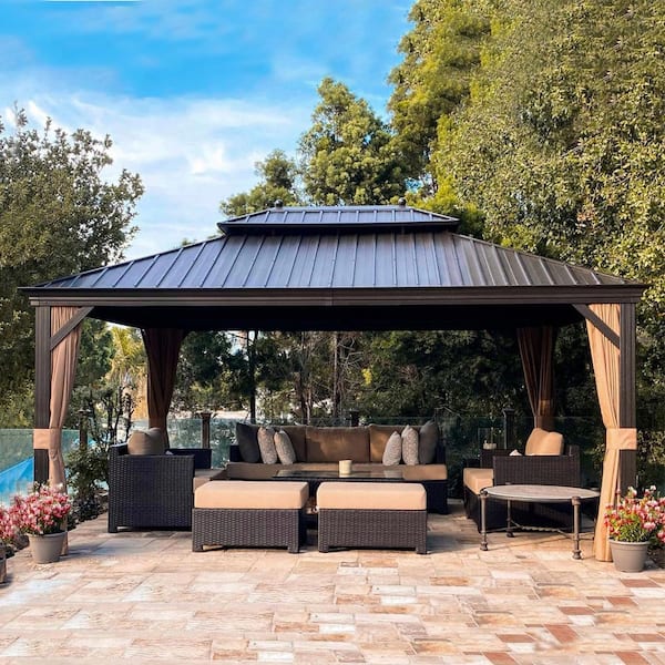 PURPLE LEAF 12 ft.x 14 ft.Bronze Aluminum Power-Coated Frame Galvanized Steel Double Roof Hardtop Gazebo,Hooks,Netting,Khaki Curtain