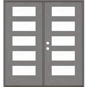 Modern 72 in. x 80 in. 5-Lite Right-Active/Inswing Clear Glass Malibu Grey Stain Double Fiberglass Prehung Front Door