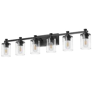 40 in. 6-Light Black Bathroom Vanity Light with Clear Glass Shades for Bathroom, Bedroom, or Hallway