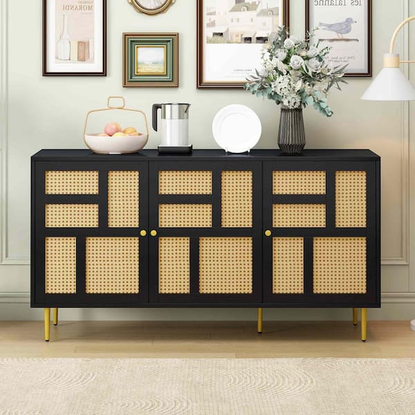 Polibi Modern Black TV Stand Fits TV's Up to 55 in. with Rattan Door
