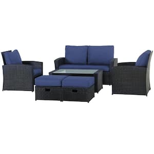 6-Piece Black Wicker Outdoor Patio Sectional Sofa Conversation Set with Blue Cushions, table and 2 Foot stools
