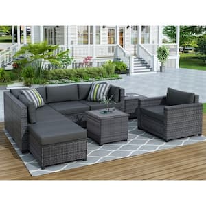 Outdoor 8-Piece Wicker Patio Conversation Set with Gray Cushions
