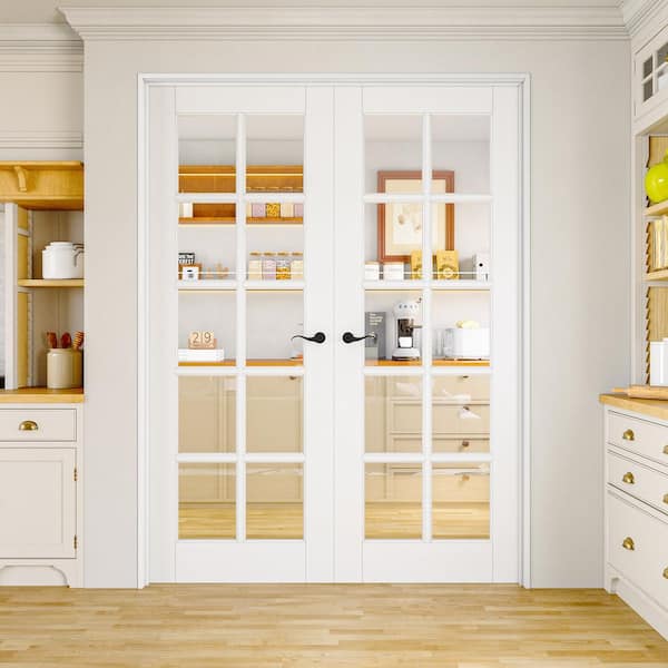 64 in. x 80 in. 10-Lite Clear Glass Universal White Solid Core Glass Double Prehung French Door Plus Quick Assemble Jamb