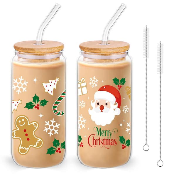 16 oz. Christmas Santa Claus Glass Kitchen Cups, Reusable with Lid, Straw, Cleaning Brush, Red Holiday Drinkware, 2 Pcs