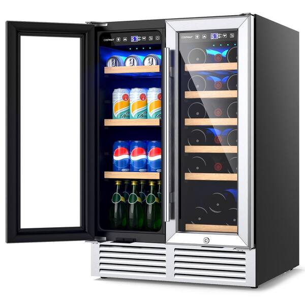 Costway - 15 inch Beverage Cooler Refrigerator 100 Can Built-in or Freestanding Wine Fridge with LED Lights and Adjustable Shelf - FP10126US-SL