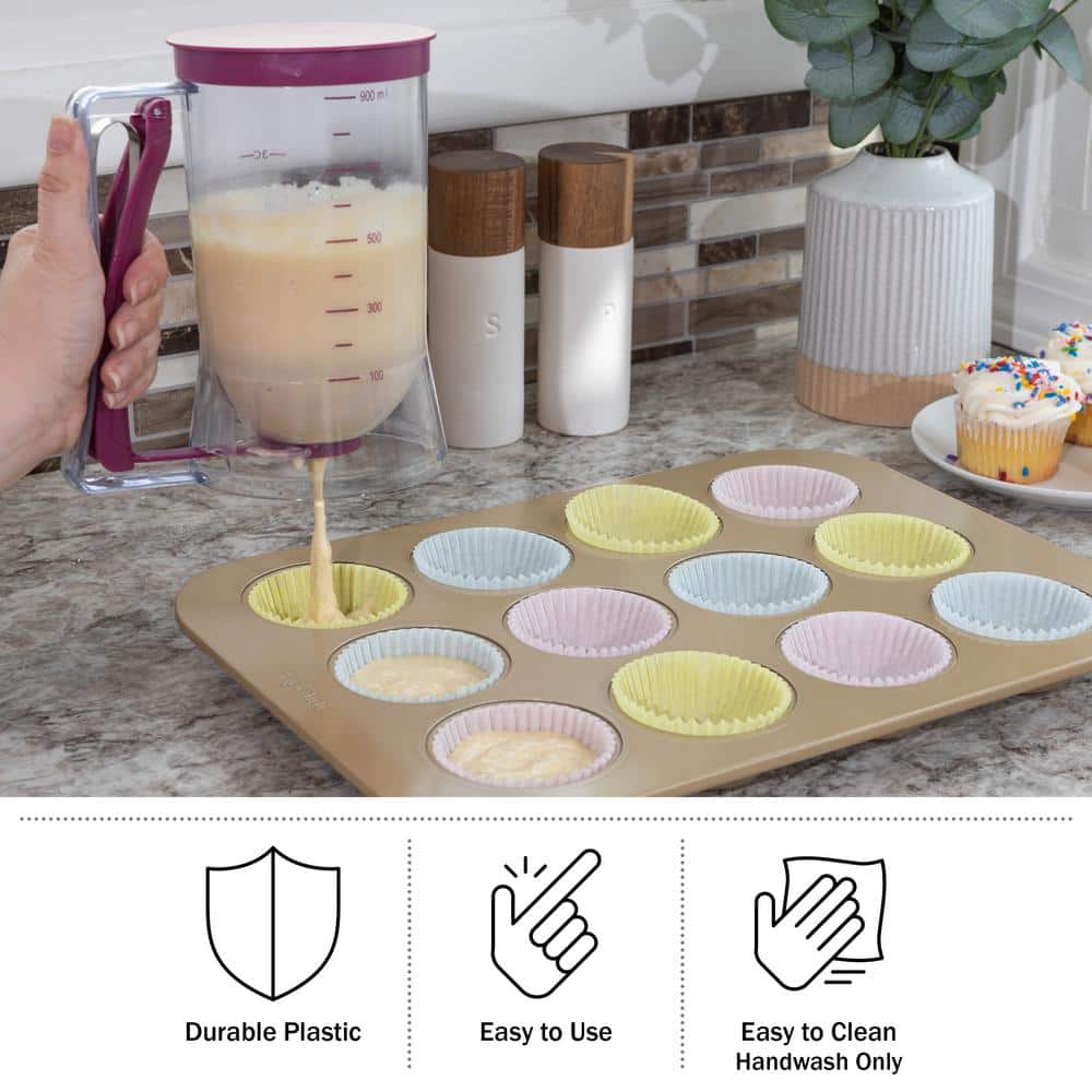 Purple 4-Cup Plastic Pancake Batter Dispenser with Squeeze Handle