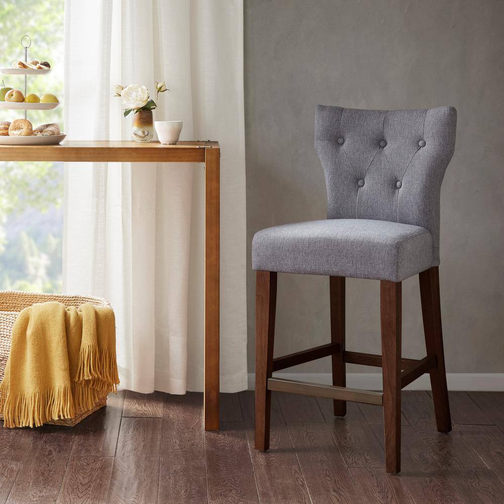 Gray Tufted Back Saddle Style Counter Stool with Wood Frame