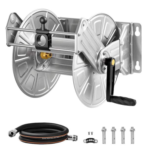 Holds 150 ft. 5/8-in. Wall Mounted Garden Hose Reel, Water Hose Winder, Manual Reel with Brass Fitting and Hose Guide