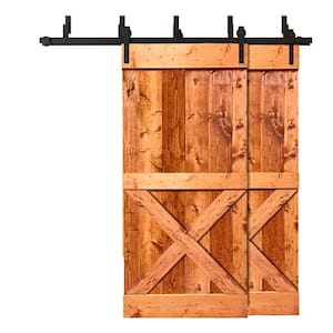 84 in. x 84 in. Mini X Bar Bypass Red Walnut Stained Solid Pine Wood Interior Double Sliding Barn Door with Hardware Kit