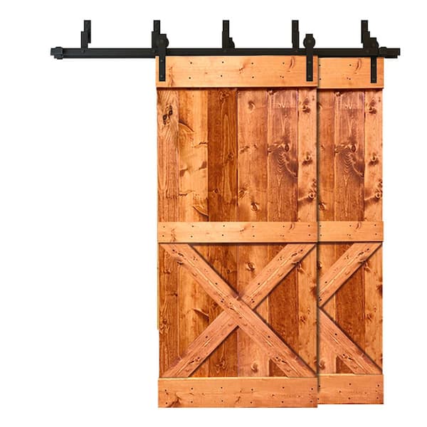 CALHOME 84 in. x 84 in. Mini X Bar Bypass Red Walnut Stained Solid Pine Wood Interior Double Sliding Barn Door with Hardware Kit