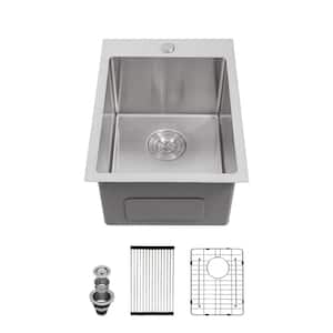 15 in. Topmount/Drop-In Single Bowl 16 Gauge Brushed Nickle Stainless Steel Kitchen Bar Sink with Bottom Grid