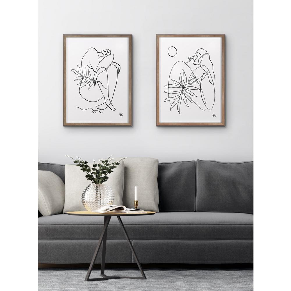 Modern Black Line Drawing on White Canvas with Brown Frame