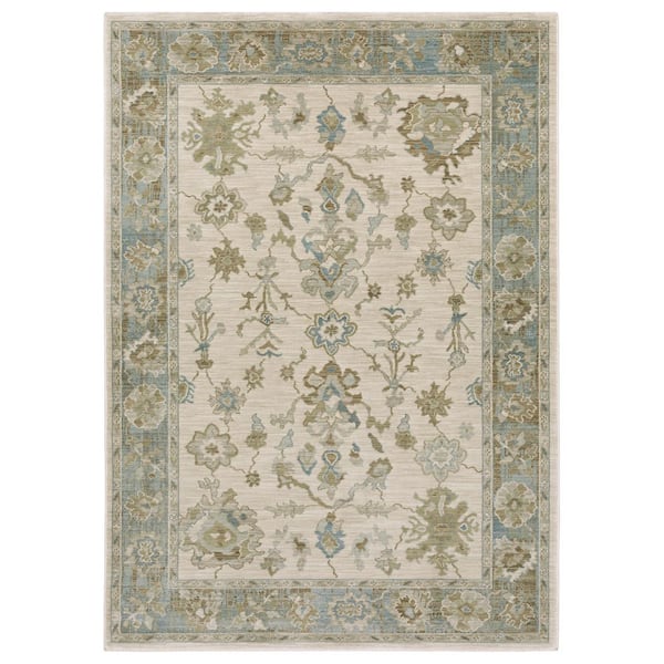 Maco Beige/Blue 10 ft. x 13 ft. Distressed Floral Oriental Polypropylene Fringe-Edge Indoor Area Rug