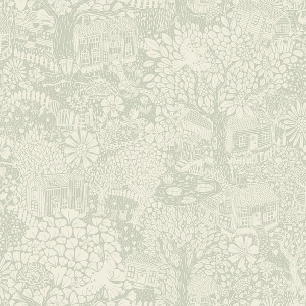 A-Street Prints Blue Bygga Bo Seafoam Woodland Village Wallpaper Sample
