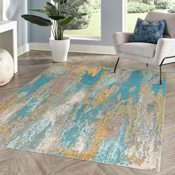 Contemporary Pop Modern Abstract Vintage Waterfall Dark Blue/Brown/Orange 5 ft. x 8 ft. Area Rug