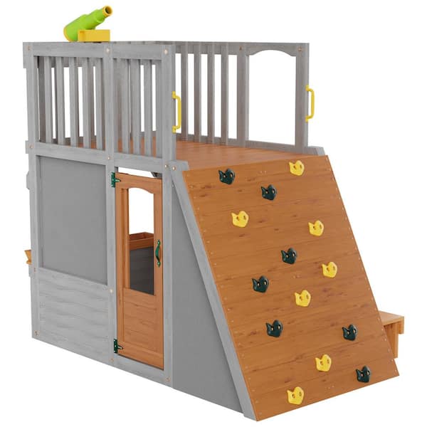 Wooden Outdoor Kids Playhouse with Lookout Post, Telescope and Climb Ramp for 5-8 Children