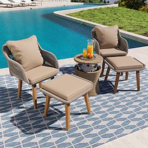 5-Piece Wood Outdoor Chaise Lounge with Brown Cushions, Wicker Bar Table, Ottomans