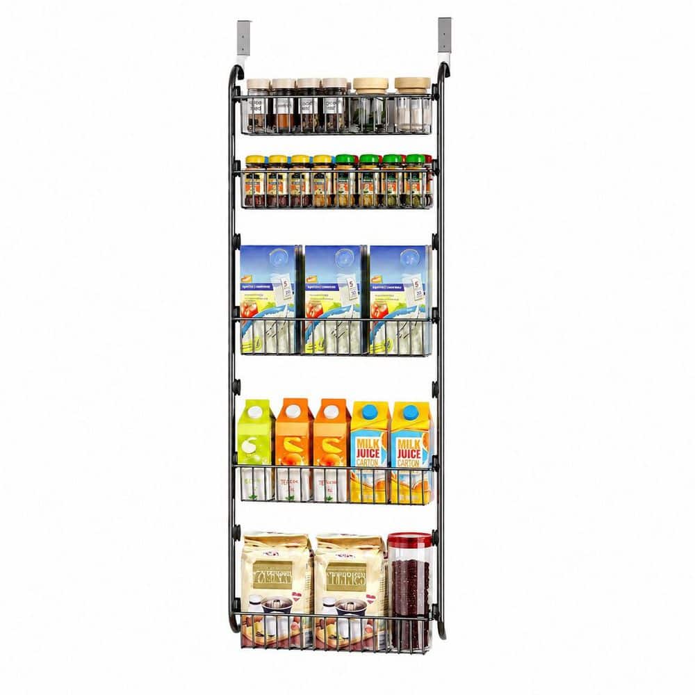 5-Shelf Black Adjustable Metal Over the Door Pantry Organizer with 5 Baskets for Home Storage