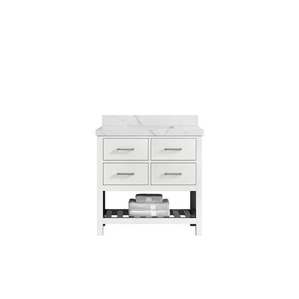 Willow Collections Parker 36 in. W x 22 in. D x 36 in. H Center Sink Bath Vanity in White with 2 in. Calacatta Quartz Top