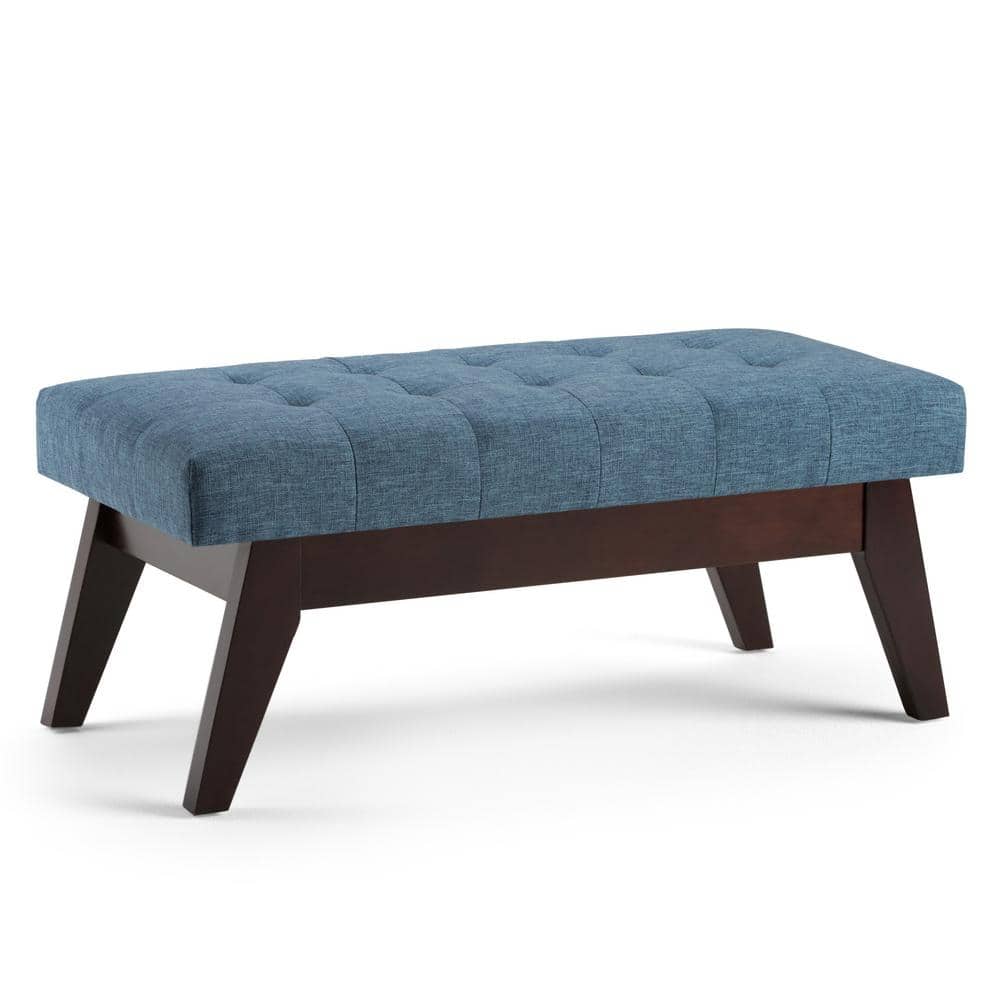 Draper Mid Century Tufted Ottoman Bench in Denim Blue Linen