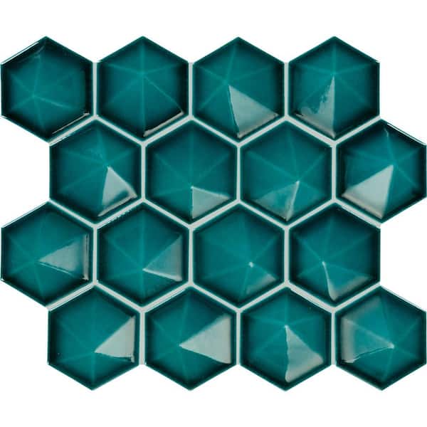 Artefino Jewel Aquamarine 11 in. x 12 in. Glossy Porcelain Pyramid Hexagon Mosaic Tile (8.6 sq. ft. /case)