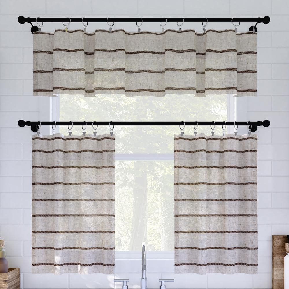 Mocha Linen Blend Sheer Striped Cafe Curtains, 52" x 24"