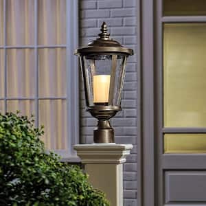 Bellingham Oil Rubbed Bronze Outdoor LED Medium Post Mount with Clear Glass and Amber Glass Candle