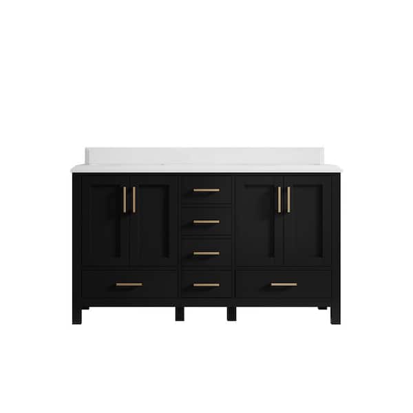 Willow Collections Malibu 60 in. W x 22 in. D x 36 in. H Double Sink Bath Vanity in Black with 1.5 in. White Quartz Top