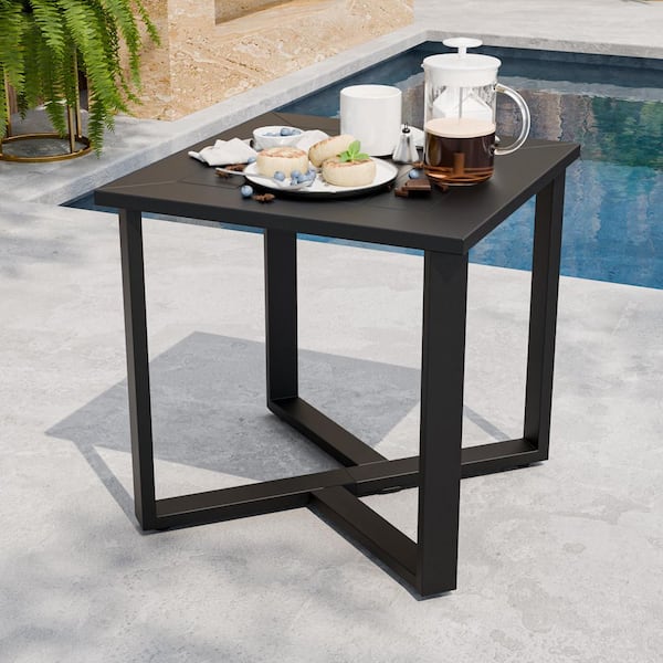 Patio Square Outdoor Side Table Metal Frame Modern Industrial Style in Black