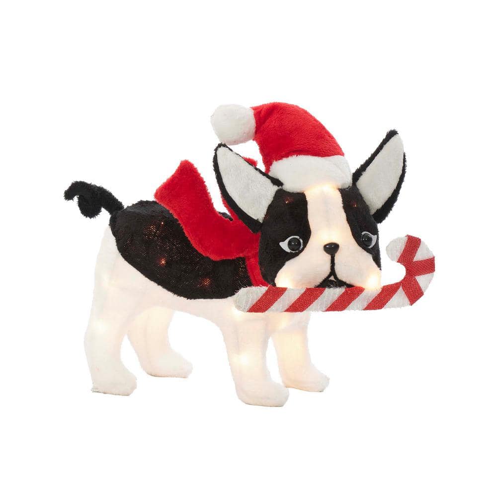 22 in. Tall UL Clear Light Christmas Plush Tinsel Bulldog with Candy Cane Y