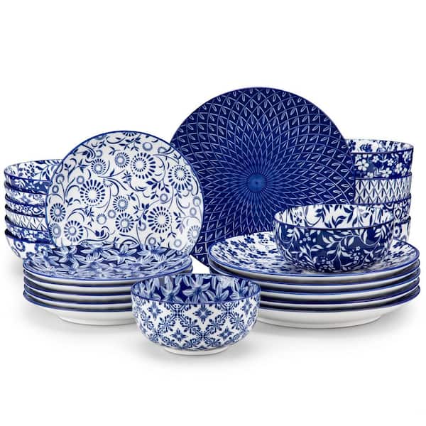 24-Piece Blue White Floral Porcelain Dinnerware Set Classic Plates Bowls Dishwasher Safe Service for 6
