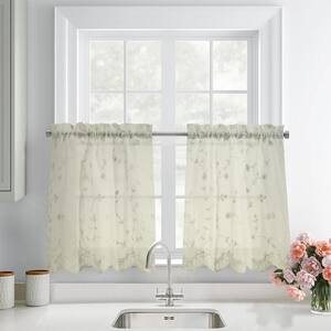 Grandeur Cream Polyester Embroidered 52 in. W x 36 in. L Rod Pocket Indoor Sheer Tiers (2-piece Curtain Tiers)