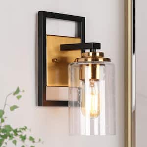 Cucko 1-Light Brass Gold Modern Indoor Wall Sconce, Black Bathroom Vanity Light, Cylinder Seeded Glass Wall Light,