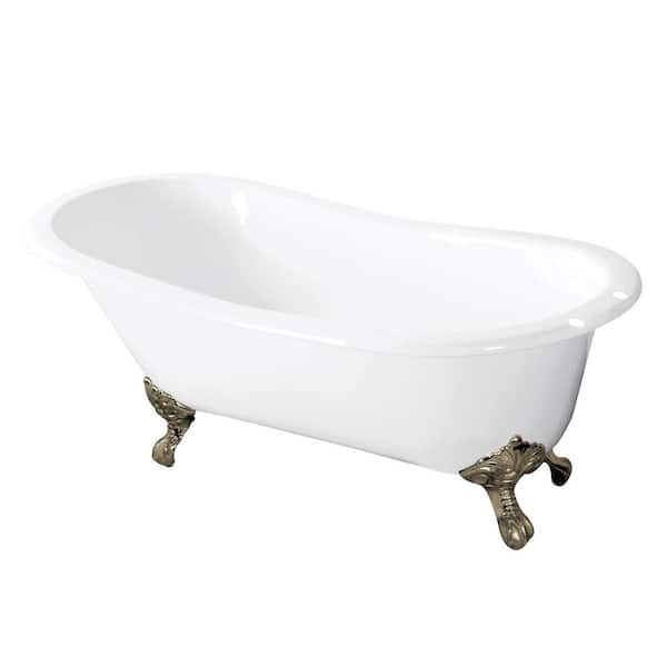 Aqua Eden 54 in. Cast Iron Slipper Clawfoot Bathtub in White with 7 in. Deck Holes, Feet in Brushed Nickel