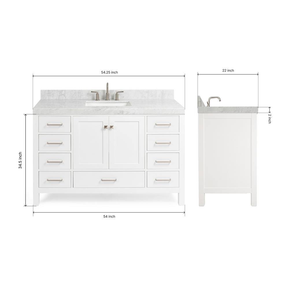 Cambridge 54'' White Wood Single Sink Vanity with Carrara Marble Top