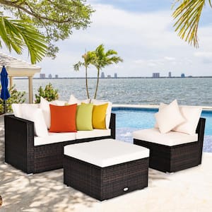 4-Piece Wicker Outdoor Sectional Set Patio Conversation Set with White Cushion