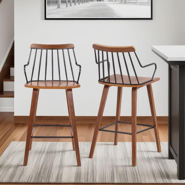 Micah Walnut and Metal Modern 26 in. Counter Height Bar Stool