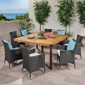 Marca 30 in. Teak Brown 9-Piece Wood Square Patio Outdoor Dining Set with White Cushions