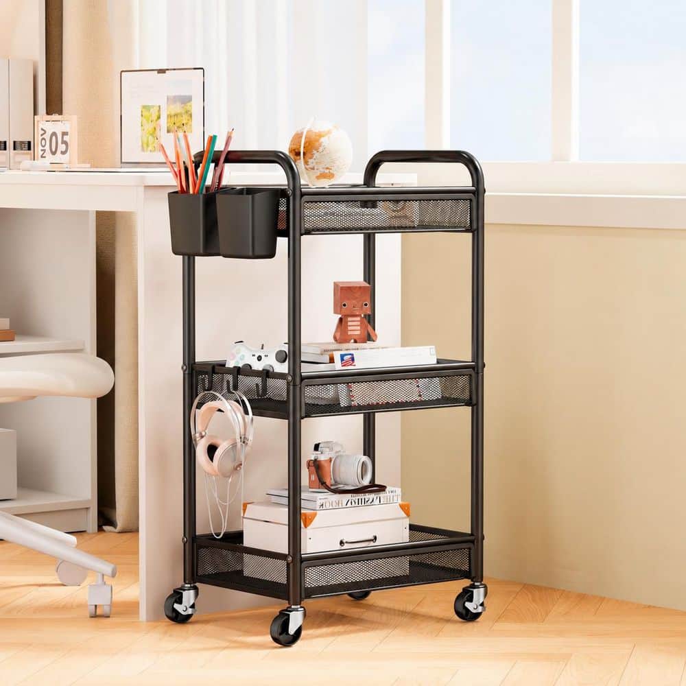 Black 3-Tier Rolling Metal Utility Storage Cart with Hanging Cups, Hooks and Mesh Basket