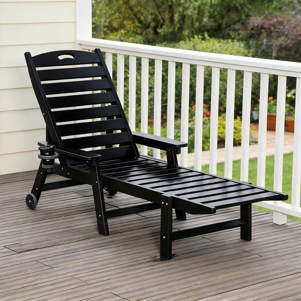 Black Weather-Resistant HDPE Plastic Outdoor Patio Chaise Lounge Chair with Adjustable Backrest and Wheels price history on PriceWatchPro