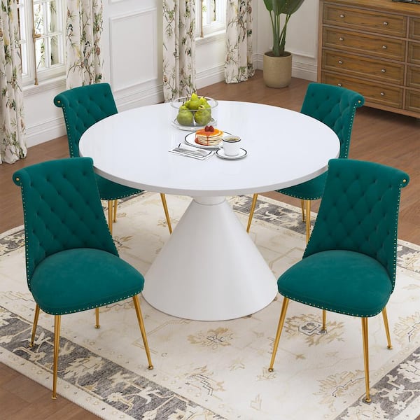 Boyel Living 5-Piece Round White MDF Top Table Set Seats 4 (4-Green Dining Chairs)