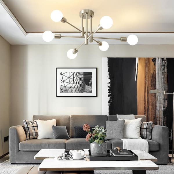 Deyidn 6-Light Vintage Nickel Linear Sputnik Chandelier Semi Flush